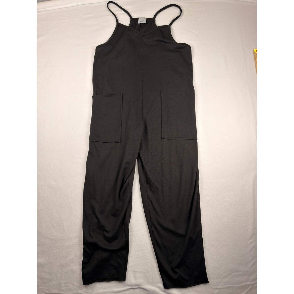 Elloh Womens Black Sleeveless Spaghetti Strap Patch Pocket Jumpsuit Relaxed Fit